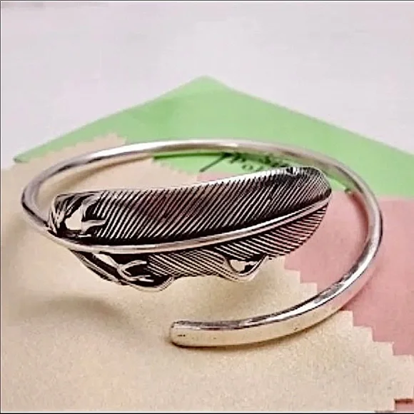 Silver Feather Bangle Cuff Bracelet - Picture 9 of 9